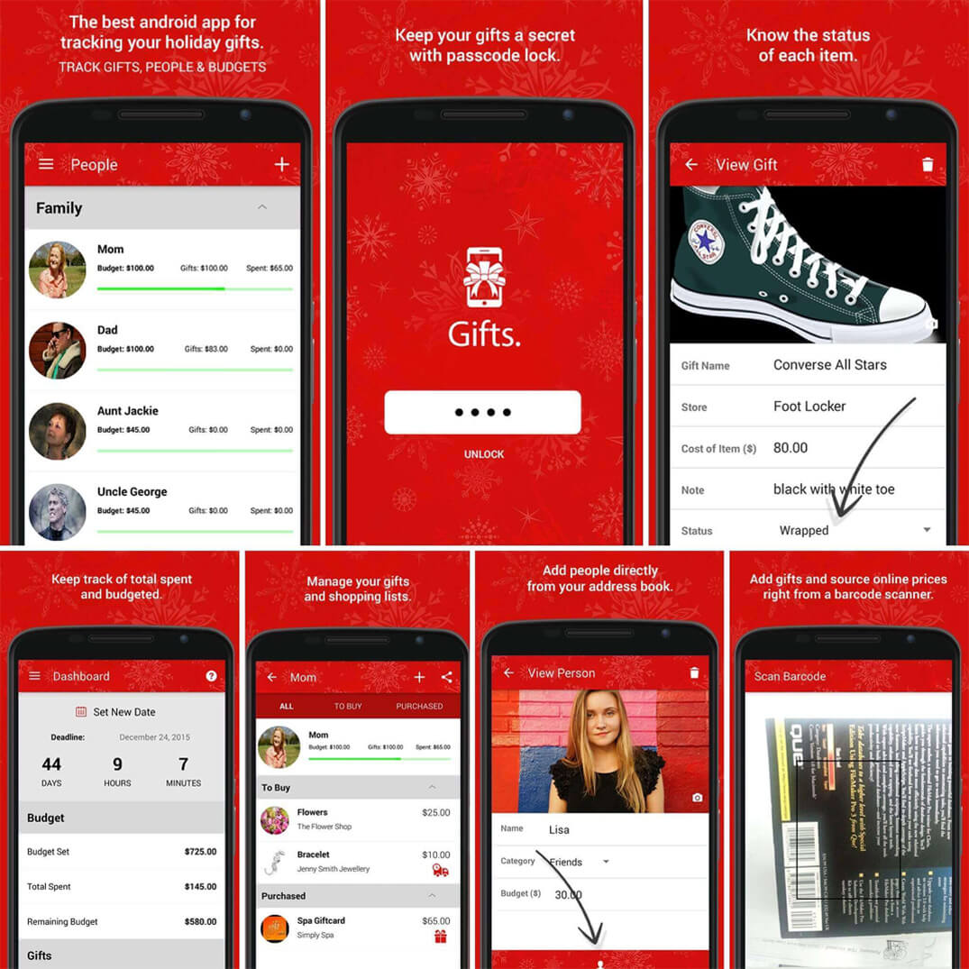 Multiple Images of Gifts. mobile app for tracking gift ideas, purchases & budget