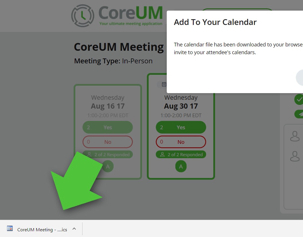 coreum screenshot of ics file download