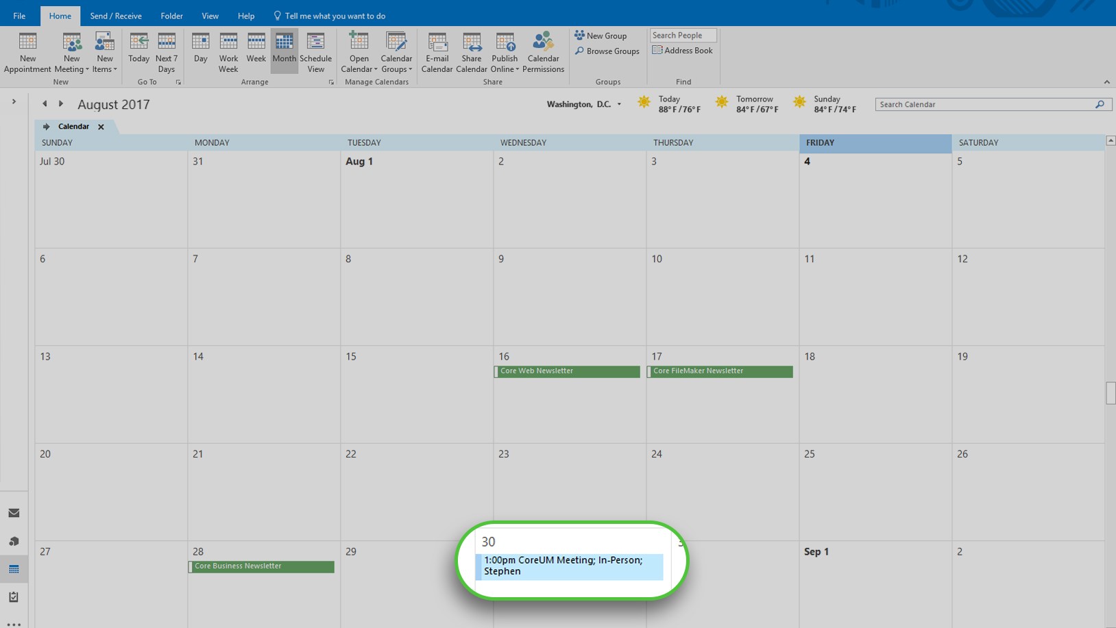 screenshot of outlook calendar integration with coreum